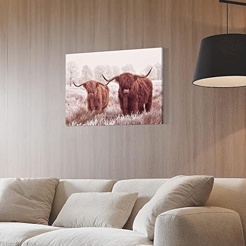 AGOM Highland Cow Wall Art Brown Highland Cow Pictures Decoração de parede Voas de fazenda Pinturas de lona Arte de parede para