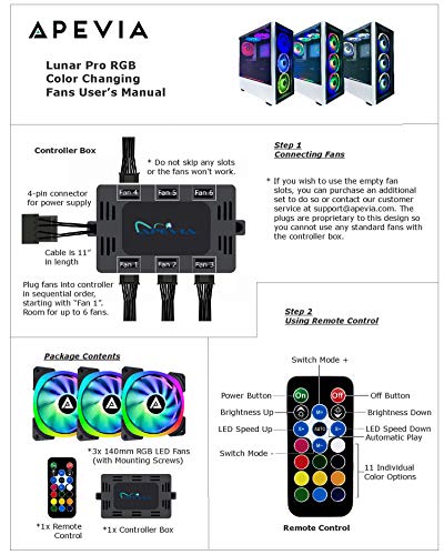 APEVIA LP314L-RGB Lunar Pro 140mm silencioso RGB RGB Alteração de cor de LED para jogos com controle remoto, 32x LEDs