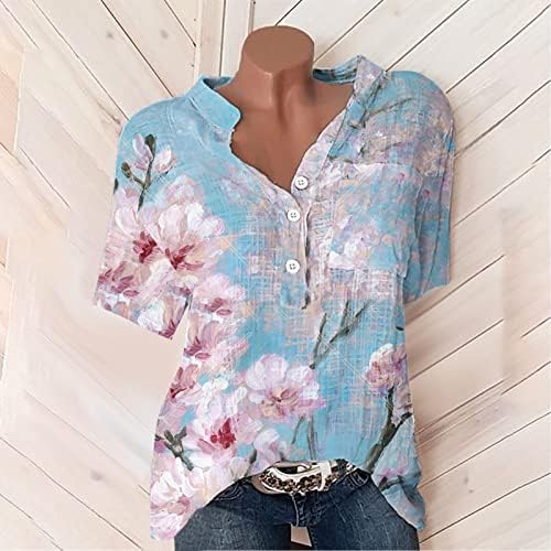 Blusa de linho feminina Tunic Summer Sanve Shirts T Camisetas Flores Tees gráficos impressos Camisa de botão de manga curta