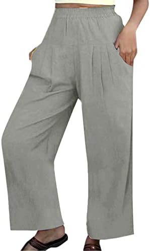 Wocachi Womens casual solto cintura elástica linhagem de algodão calça colheita de pernas largas calças folgadas calças