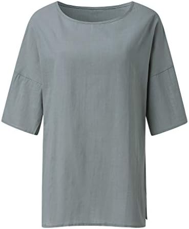 T-shirt feminina de linho de linho de algodão 3/4 de manga de verão sólida color