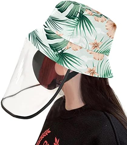 Chapéu de proteção para adultos com escudo facial, chapéu de pescador anti -sun tap, hibiscus flor tropical folha de palmeira