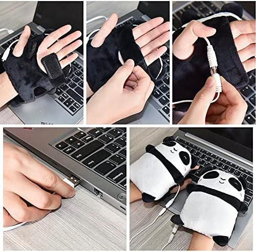 Luvas aquecidas USB para homens e mulheres, fofas luvas de aquecimento USB em forma de panda usb aquecedores de mão meio vestível