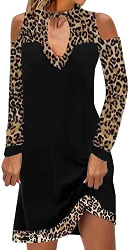 Vestido feminino nokmopo, painel de cores de leopardo casual fora do ombro de manga longa Vestido de festa maxi vestido