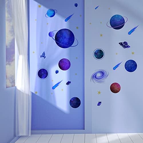 Decalques de parede do planeta de decoração de espaço em pligse, Rocket Meteor Galaxy Universe Wall Stickers, descamada