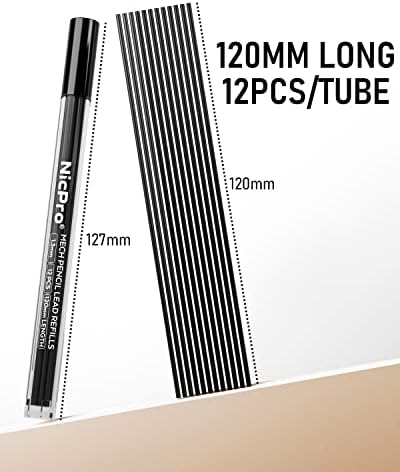 NICPRO 36 PCS 1,3 mm de chumbo, reabastecimento de lápis mecânicos resistentes à prova de intempéries 1,3 mm, 12 pacote por tubo,