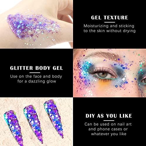 Hosaily 2 garrafas Chameleon Body Glitter Glitter Holographic Mermaid Lantejas grossas Gel de face duradouro para o Festival de Halloween