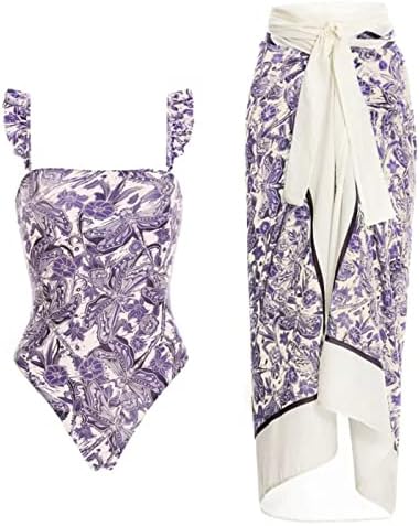 KNOSFE 2 PCS Women Bikini Conjunto de biquíni com manga de barragem de barriga de banho de banho floral com estampa