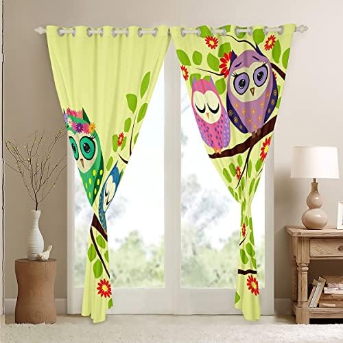 Cortinas da janela da coruja erosébrida, cortinas de coruja kawaii coruja cortinas de blecaut de árvores, galhos florais