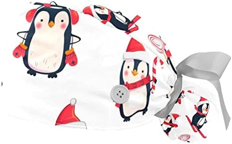 2 PCs Nurse Scrub Caps Cabelo longos, Penguin Santa Hat Cartoon Capinho de trabalho ajustável com botão e banda de moletom