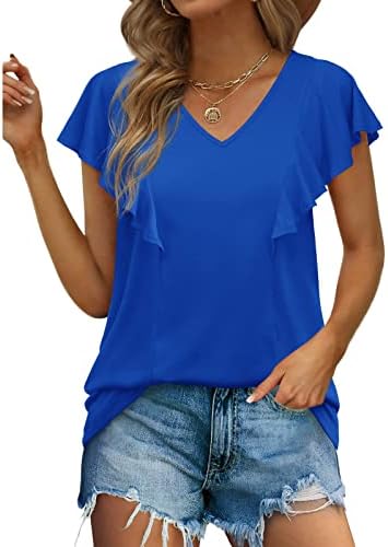 SJWCLYS Feminino Casual V Tops de pescoço curto Camista Bloups Fashion Summer Ruffle Manga V Neck T camisetas