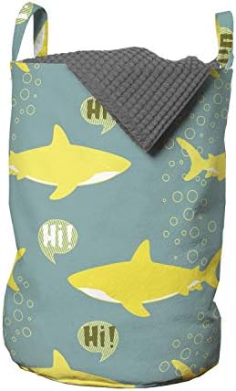 Bolsa de lavanderia de tubarão Ambesonne, silhuetas dizendo oi representação amigável de peixes náuticos, cesta de