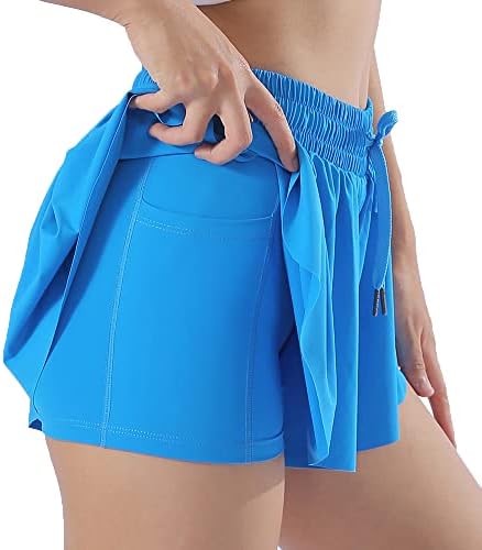 XSAORO Mulheres 2 em 1 Treino de Yoga Athletic shorts de bolso de bolso de borboleta Flowy Salia rápida