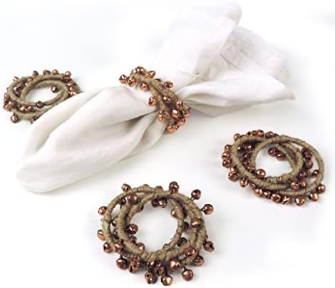 Conjunto de Trunkin de 4 anéis de guardanapo de juta e sinos de metal de cobre de cobre para decoração de mesa de jantar