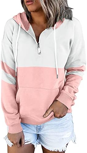 Hoodies de bloco colorido casual feminino Wocachi Tops de manga longa 1/4 zíper para cima Sorto de pulôver com bolso