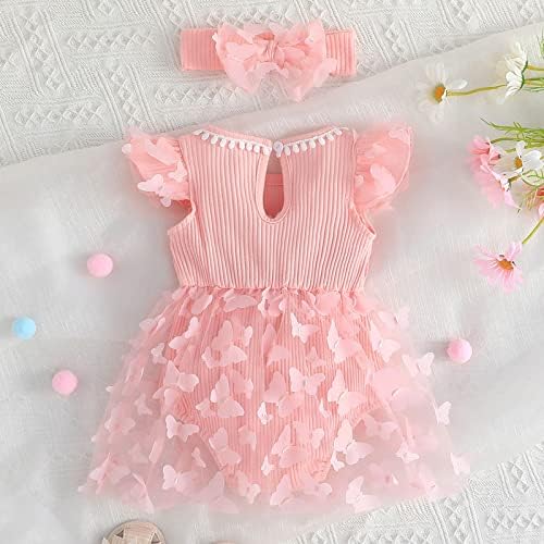 Meninas infantis Manga de mosca 3D Butterfly Tulle Rodper Recém -nascido Ruidado Ruito Vestido Bandes da cabeça do recém