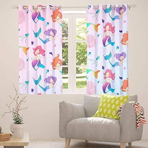 Cortinas temáticas de sereia para meninos infantis, cortinas de janela de princesa de desenhos animados femininos, cortinas de