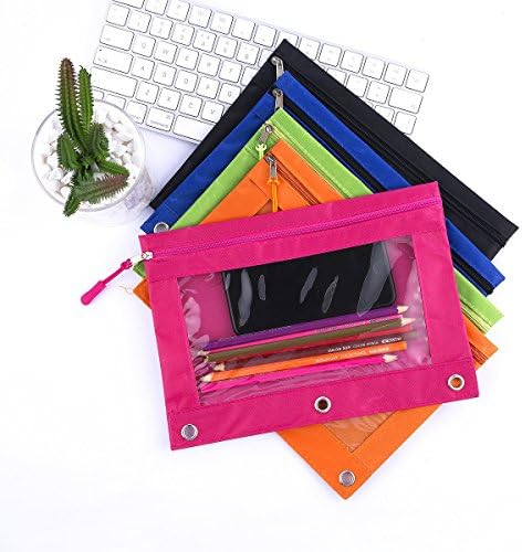 Bolsa de lápis de ligante com puxadores de zíper, caixa de lápis com rebetos imposto de 3 anel, pacote multicolorido de 5