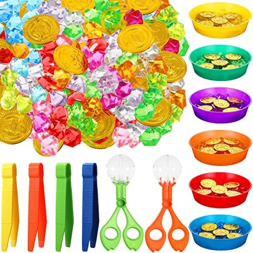 172 PCS Habilidades finas Motor Toys Filler de lixeira sensorial, incluindo 80 PCs Pirate Gold Coins 80 PCs Pirate Gems 6 PCs