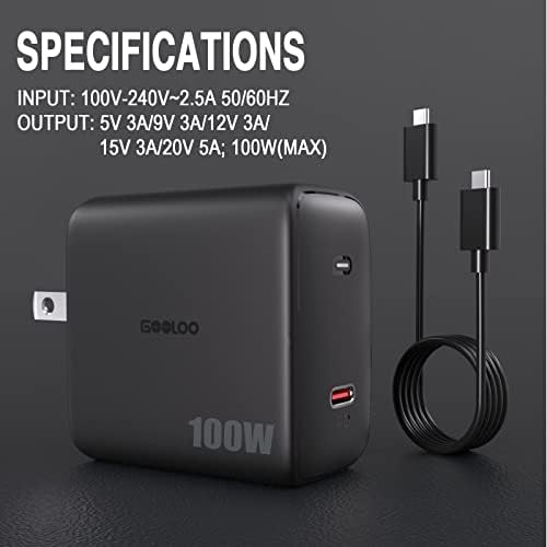 Carregador USB C, Gooloo 100W PD Gan2 Bloco de carregador de parede rápido com cabo de 6,6 pés, compatível com MacBook iPad