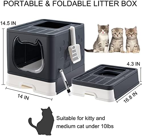 Caixa de areia de gato, caixa de areia de saída de entrada superior dobrável com tampa para gatos, potty de gato com colher