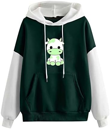 Oplxuo Cute Soletom de Vaca Estética para Mulheres Adolescentes Meninas Kawaii Cartoon Graphic capuz com blusas de pulôver