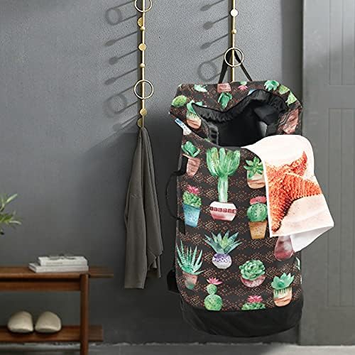 Suculentas Cactus Laundry Bolsa de lavanderia pesada Mochila com alças e alças de ombro Viagem Bolsa de roupa com tração de tração