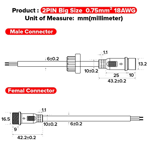 BTF Lighting 5pcs 6,56 pés 2 metros 2 pinos 18awg ip65 Extensão fio de cabo com conectores masculino e fêmea nas