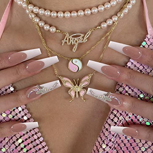 Votacos French Dip Pressione Unhas Long Coffin Unhas Falsas Nude Falsas Unhas com Glitter Butterfly Design Beck Glorty em unhas