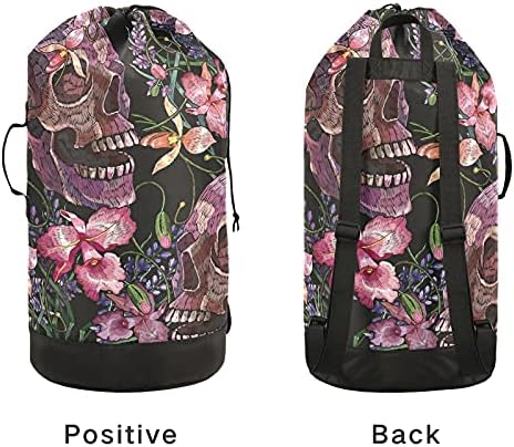 Bolsa de lavanderia de flores rosa do crânio Backpack de roupa pesada com alças e alças de ombro Viagem Bolsa de roupas com tração