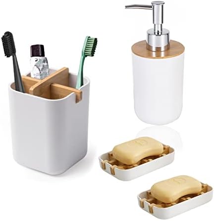 Suporte de escova de dentes dotodo de bambu + dispensador de sabão de bambu + 2PCs Soop Bamboo Soop para chuveiro, banheiro,