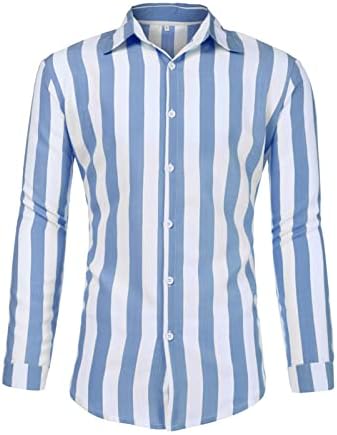 Maiyifu-gj Men Button listrado casual camisetas de manga comprida camisa de praia fit