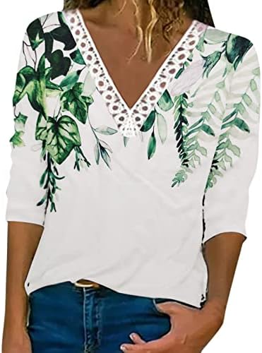 Camisas de manga longa para mulheres pretas outono adequado Tops estampados florais para mulheres Crochet Lace Trim V camisetas de