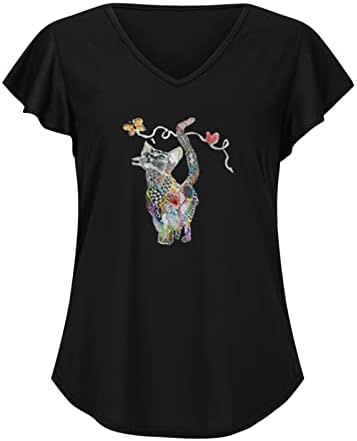 Tops de estampas de gato de Wenini para mulheres - mulheres babados de manga Irregular V Neck Tops de verão para mulheres