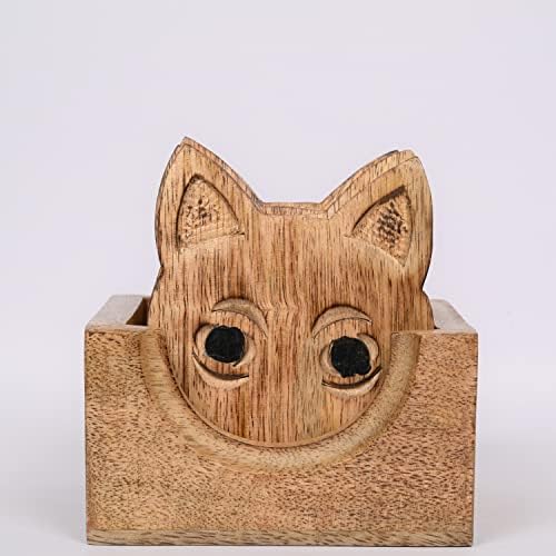 EDHAS Mango Wood Fox Design Drink Coasters Conjunto de 6 com suporte para café, chá, canecas, xícaras, copos de vinho,