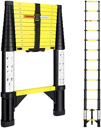 Fastores de escada telescópica de 12,5 pés, escada de extensão de alumínio de retração de um botão, escada de várias posições de carga