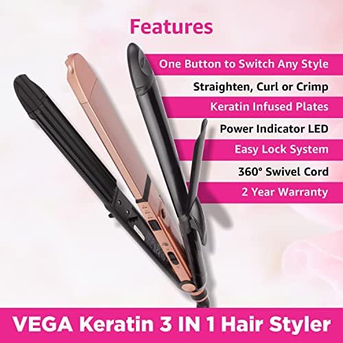 Vega queratina 3 em 1 Hair Styler ,, Hair Alisadores, Curler e Crimper, VHSCC-03