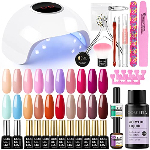 Kit de esmalte em gel de 20pcs com luz U V, desidratador de unhas e conjunto de 30 ml de líquido acrílico