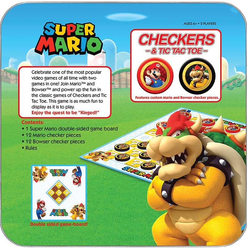 USAOPOLY Super Mario Checkers e Tic-Tac-Toe Game's Set | Apresentando Mario & Bowser | Cheques colecionáveis ​​e Tictactoe