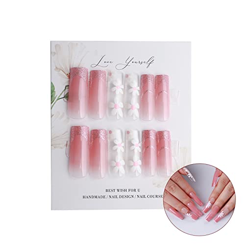 Votacos Pressione em unhas quadradas longas unhas falsas nus unhas falsas com margaridas transparentes design bastão brilhante