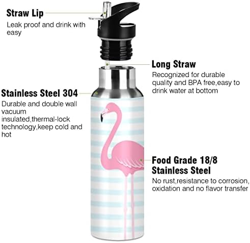 Garrafa de água de listras de flamingo rosa rosa, garrafa de água de 32 onças com aço inoxidável isolada com tampa de palha, para esportes, caminhada, corrida