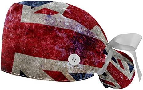 2PCS Cap de trabalho ajustável feminino com botões e banda de suor de um tamanho de bandeira britânica do Reino Unido do Reino Unido