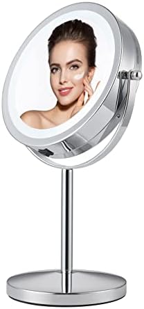 Decrolles Makeup Vanity Mirror com luz LED, 7 polegadas de dupla face 1x/10x Maggreta espelho cosmético com espelho de iluminação