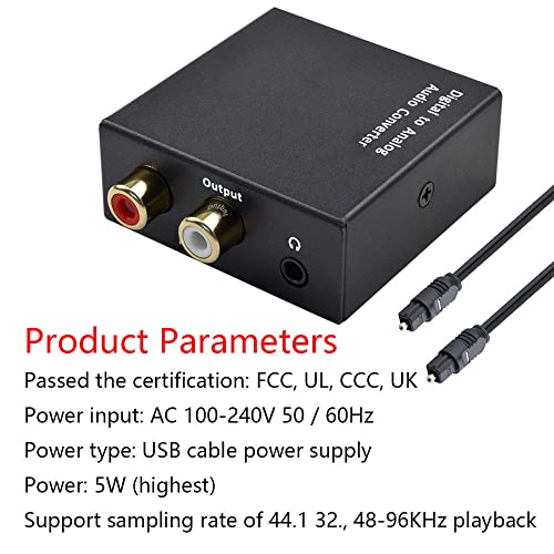 Conversor de áudio digital para analógico de 192kHz, conversor óptico para RCA com cabo coaxial óptico de 3,5 mm de Jack DAC para