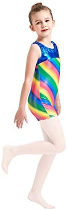 KQL Girls Gymnastics Leotards Shiny Tank Unitards Rainbow Shortall Kids Dancewear Biketards 3-12 anos