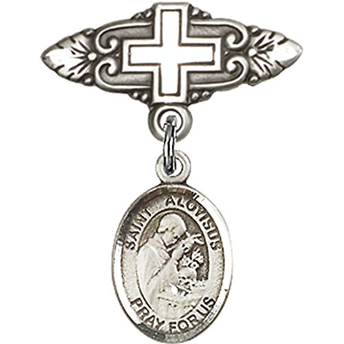 Distintivo para bebês de prata esterlina com St. Aloysius Gonzaga Charme e pino de crachá com cruz 1 x 3/4 polegadas