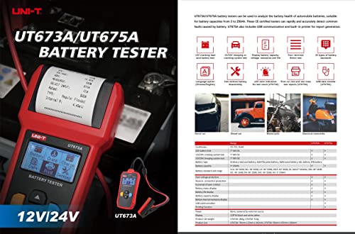 UNI-T UT675A Testador de bateria 30AH a 200AH Relatórios de testes impressos e em tempo real exibem capacidade da bateria, tensão,