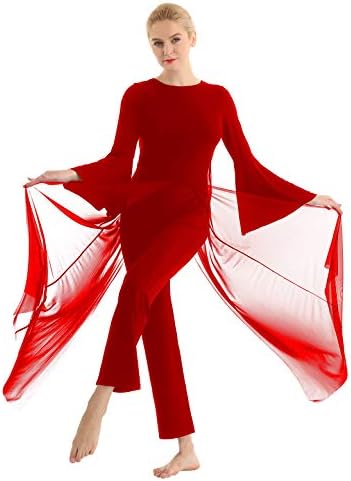 Freebily Women Long Flare Sleeves Mesh Sobreposição de malha Learta Lyrical Learical Learsuit da dança