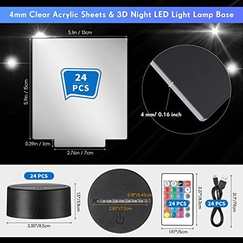 24 conjuntos 3d Night LED Base e folha de acrílico em branco com controles remotos e cabo USB, ajustável 16 cores Base de lâmpada