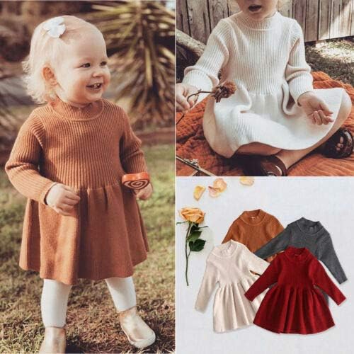 Criança bebê meninas de manga comprida vestido de malha sólida cor de suéter A-line Salia quente Playwear 3m-5t